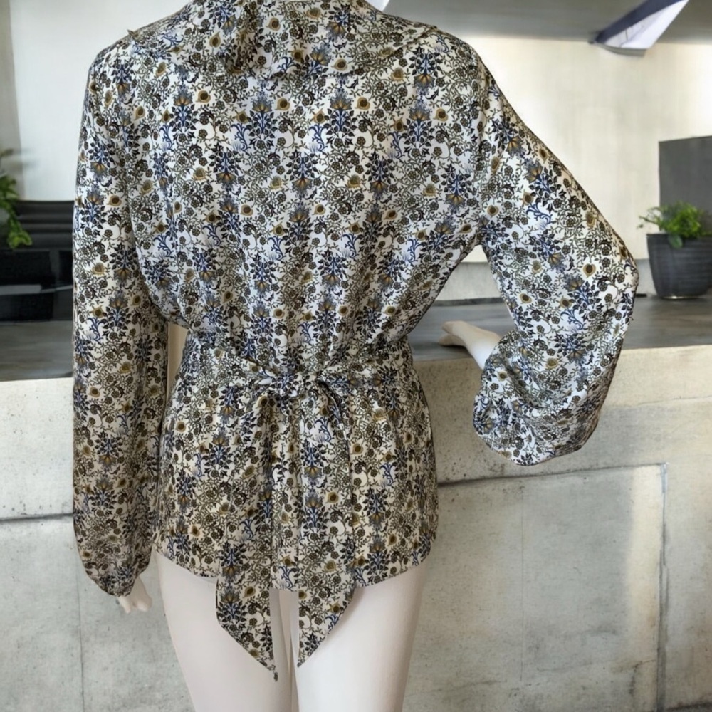 Max Edition Blue & Green Floral Ruffled Blouse With Tie - Picture 8 of 10